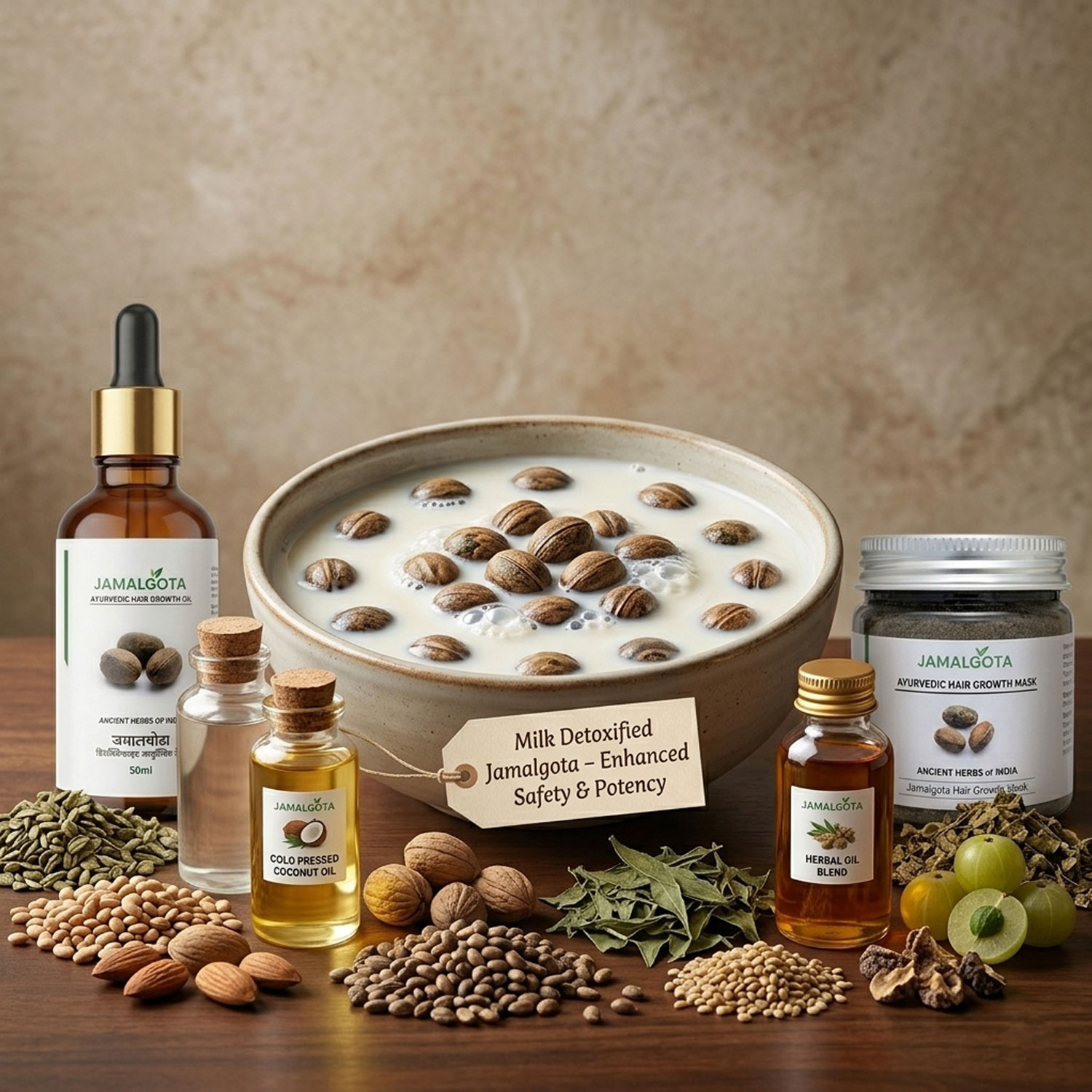 Jamalgota Hair Growth Combo (Oil + Powder Mask); Milk Detoxified Ayurvedic System; Supports Hair Regrowth & Alopecia Care; Follicle Activation & Scalp Nourishment; 2-Step Herbal Treatment Kit