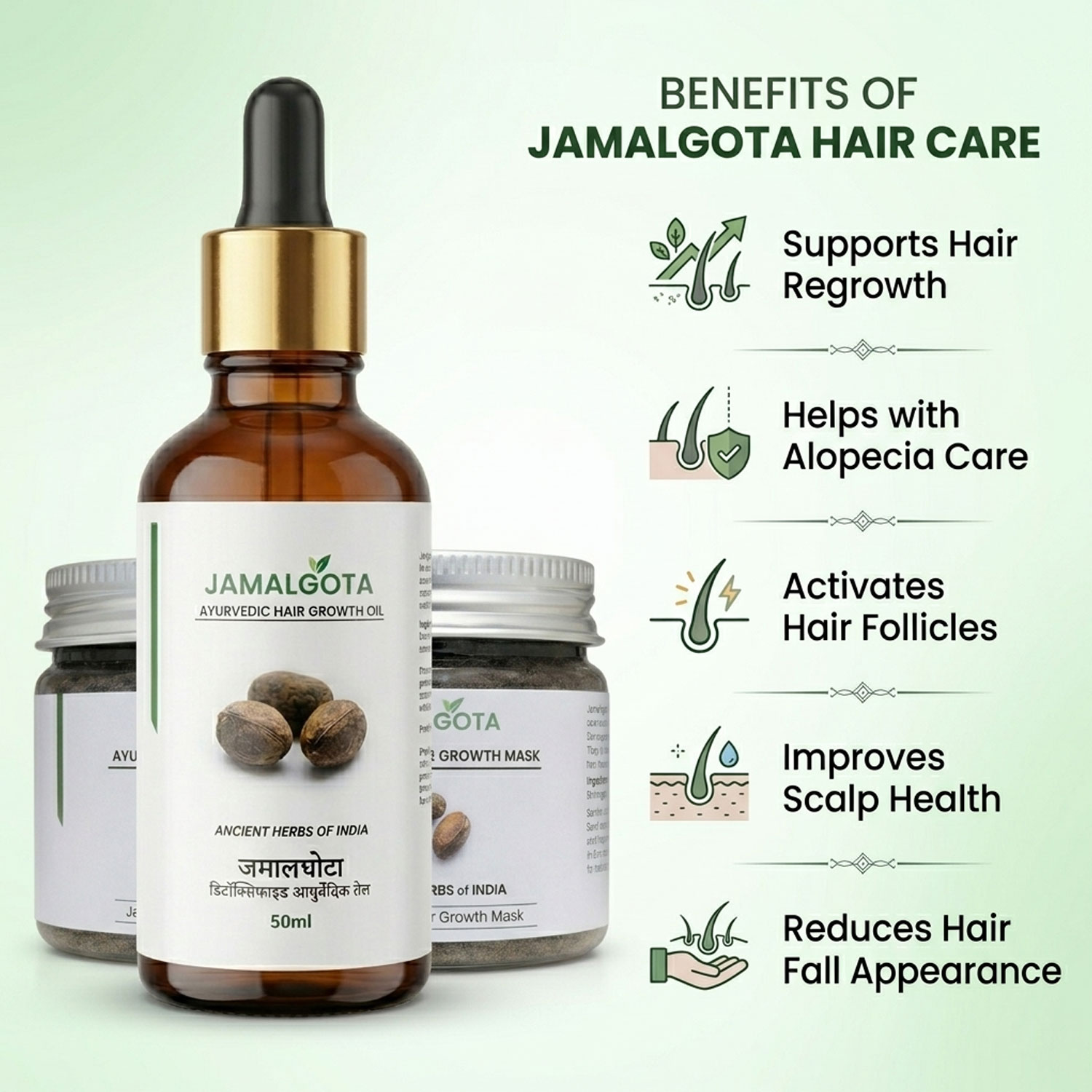 Jamalgota Hair Growth Combo (Oil + Powder Mask); Milk Detoxified Ayurvedic System; Supports Hair Regrowth & Alopecia Care; Follicle Activation & Scalp Nourishment; 2-Step Herbal Treatment Kit