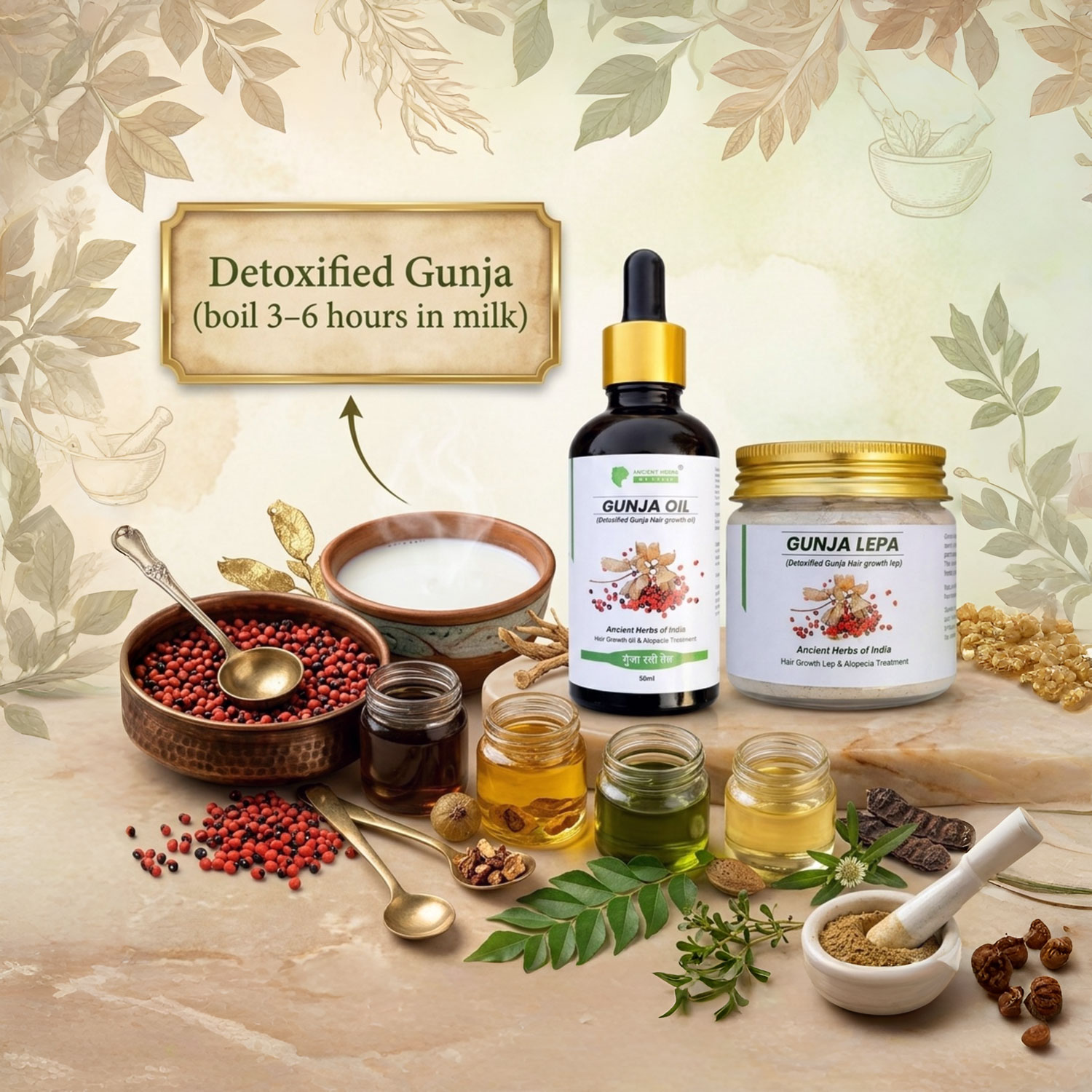 Gunja Hair Growth Combo (Oil + Powder Lep); Milk Detoxified Ayurvedic Formula; Supports Hair Regrowth & Alopecia Care; Activates Hair Follicles; Scalp Nourishment Treatment; 2-Step System