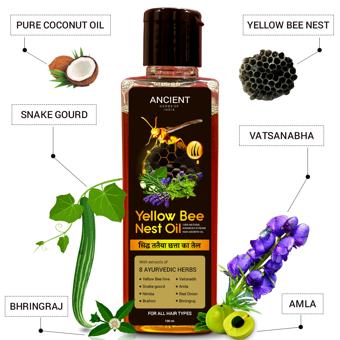 Advanced Yellow bee nest oil For Men and Women For Hair Fall Control and Hair Growth | Natural Extract of Snakeguard and Vastnabh For Hair Regrowth | 100% Pure and Handmade